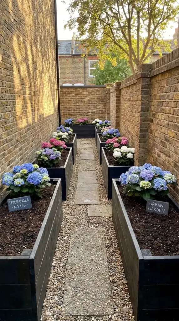 raised planter hydrangeas along a brick wall in a narrow no-dig side yard