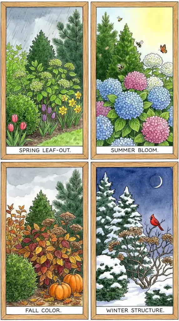 Four-season hydrangea and evergreen landscape showing spring, summer, fall, and winter interest