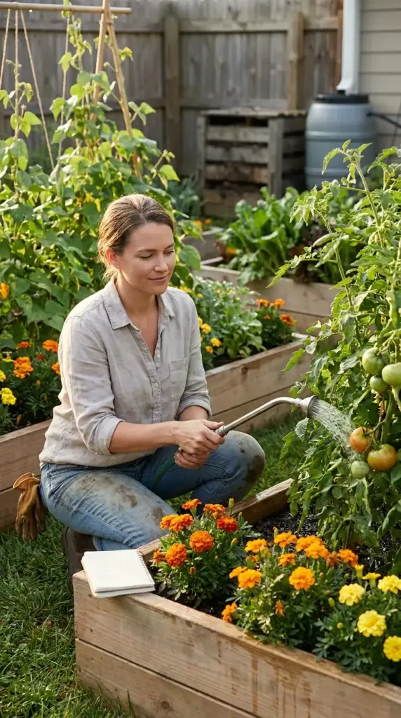 A woman watering tomato plants and marigolds for her mini farm in less than half an acre, featuring raised garden beds and a rain barrel for sustainable gardening.