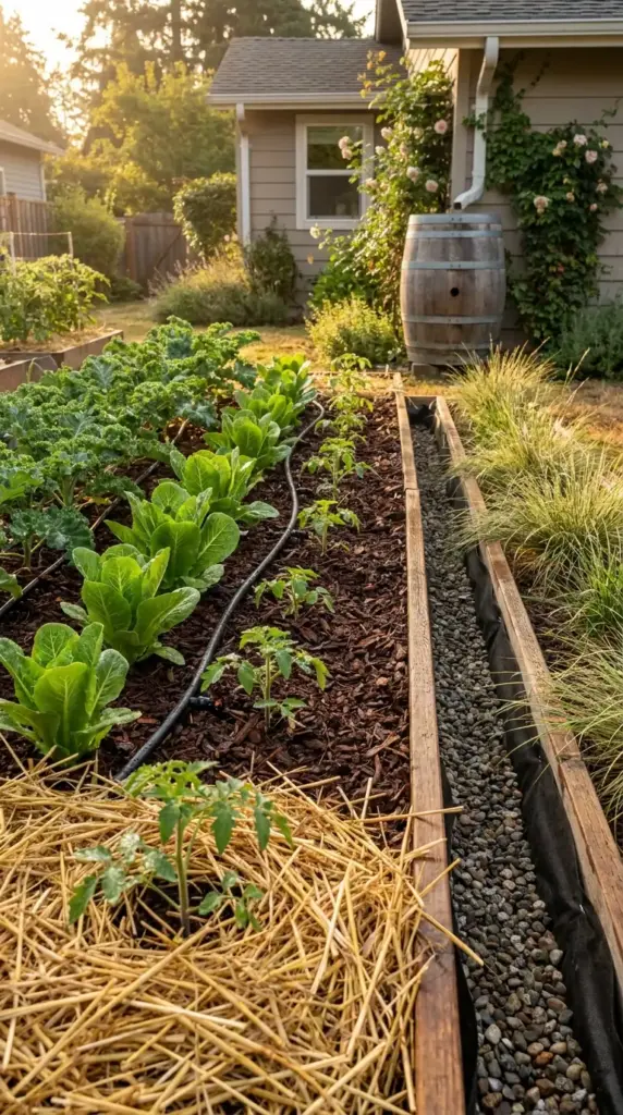 Water management for a mini farm on poor or clay soil featuring a French drain, drip irrigation, and a rain barrel to support raised bed vegetable gardening.