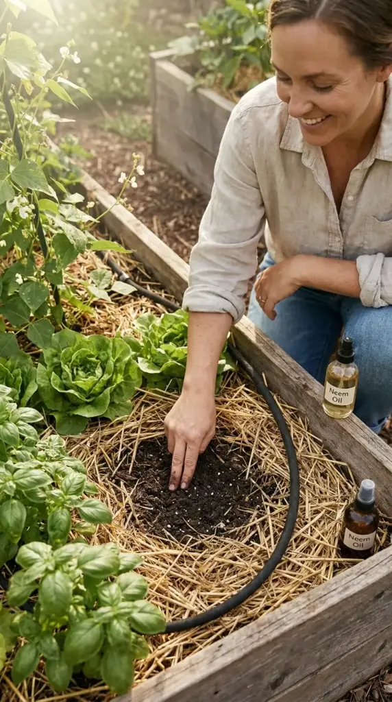 A woman using organic neem oil and straw mulch to maintain a mini farm with fast-growing veggies like lettuce and basil in a raised garden bed.
