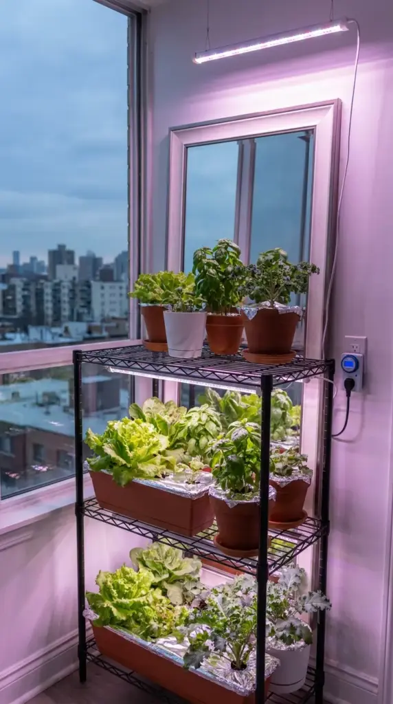 A vertical indoor mini farm with limited sunlight featuring LED grow lights and reflective mirrors to grow lettuce and basil on apartment shelving.
