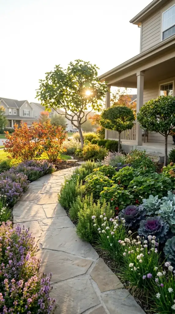 Lush mini farm for HOA neighborhoods featuring an edible front yard landscape with rosemary, kale, and a fig tree along a stone path.
