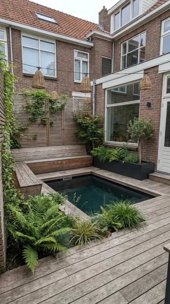 Small backyard natural plunge pool with privacy screening, compact deck, and stylish space-saving layout