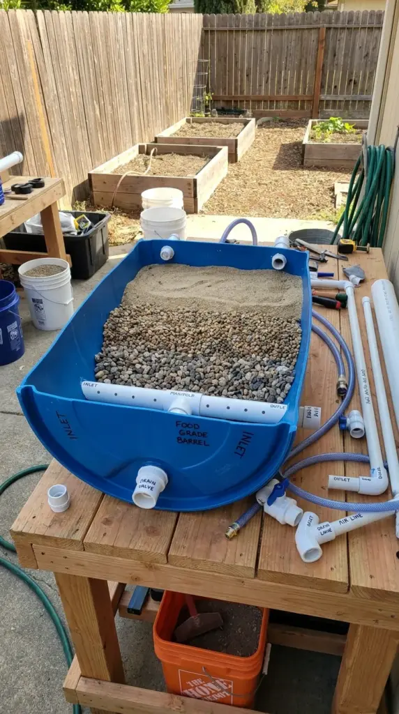 Gravel and sand barrel biofilter for DIY pool filtration with PVC manifold and layered filter media