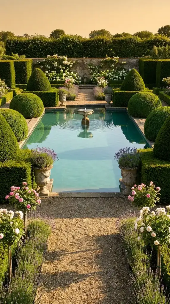 Formal estate natural pool ideas featuring a central stone fountain, boxwood topiaries, and lavender urns in a symmetrical gravel garden.
