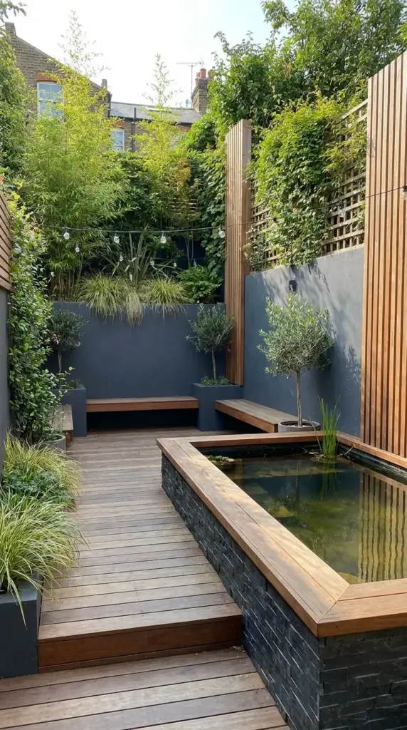 Raised natural pool in a narrow urban yard with decking, seating, and space-saving vertical design