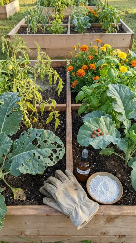 Organic garden help for pest control featuring neem oil, ladybugs, and diatomaceous earth to treat insect damage in a raised vegetable bed.