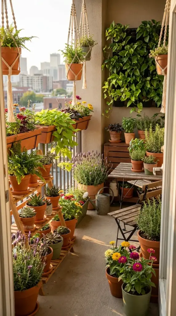 Comprehensive garden help for beginners on balcony landscaping featuring vertical planters, hanging pots, and a variety of potted herbs.