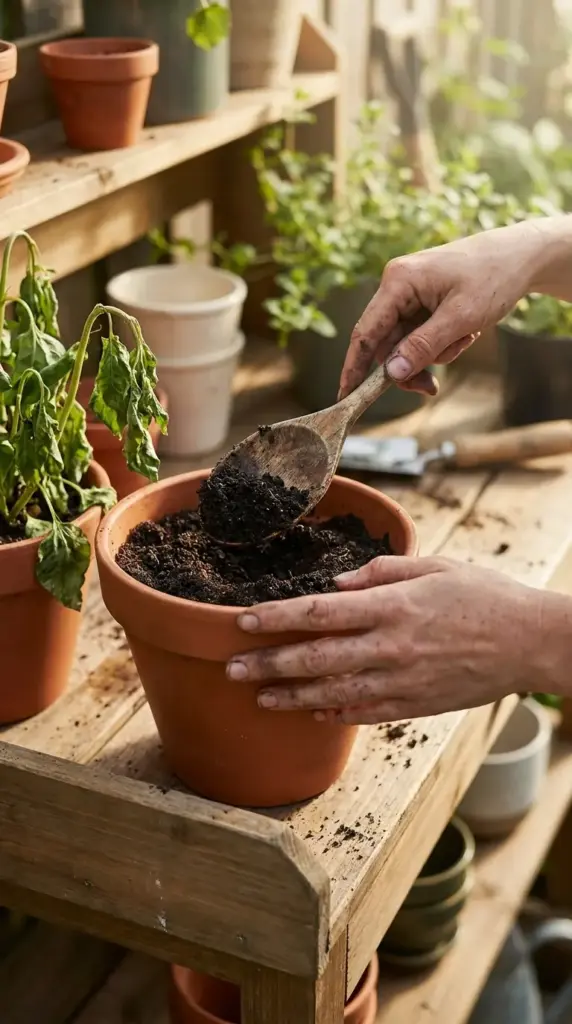 Simple garden help with household items showing a person using a wooden kitchen spoon to scoop potting soil into a terracotta planter.