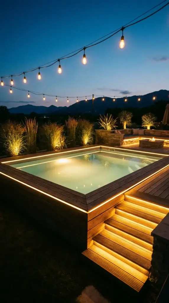 Above ground pool deck lighting ideas with warm ambient glow for a luxury nighttime backyard
