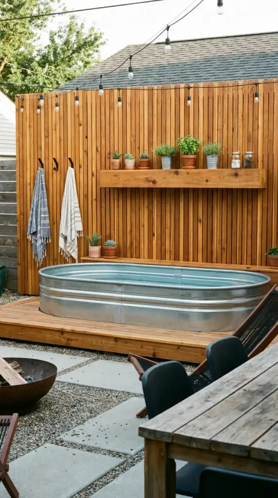 Wood slat privacy wall with industrial hooks behind a stock tank pool in a small backyard