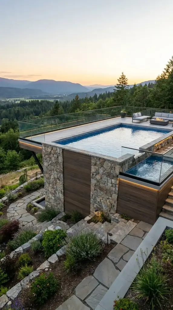 Raised above ground pool with a view for a sloped backyard, featuring stone cladding and elevated deck design
