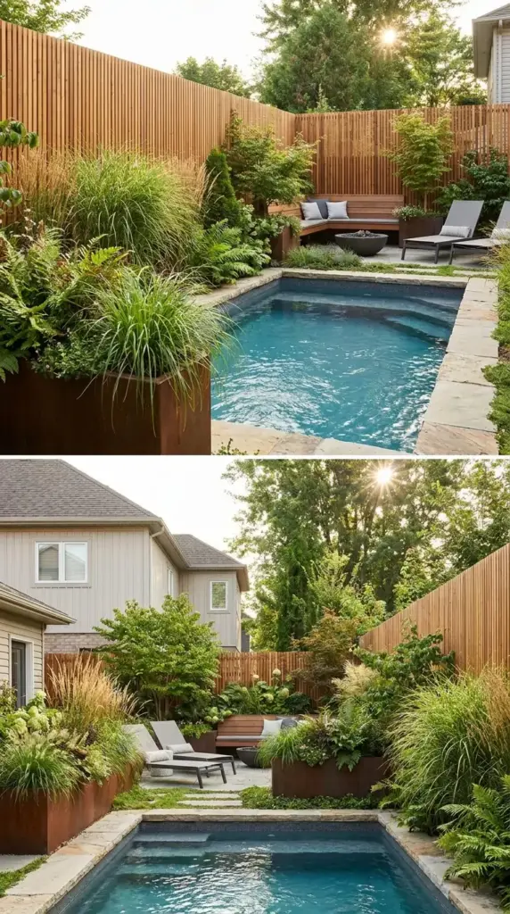 Backyard privacy screen panels and tall planters around an above ground pool for a small backyard