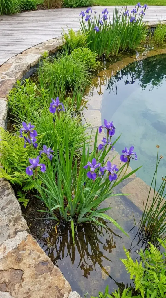 Blue flag iris in a natural pool margin adding wetland filtration and seasonal color