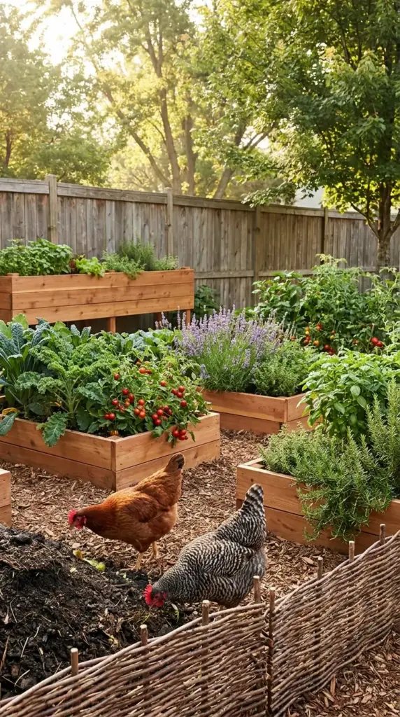 A lush backyard mini farm with chickens foraging near raised garden beds overflowing with organic vegetables and aromatic herbs.