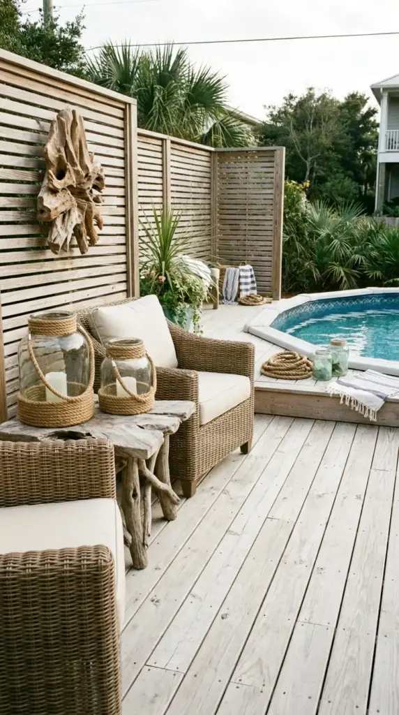 Rope, rattan, and driftwood accents on a white wash wood above ground pool deck with nautical backyard style