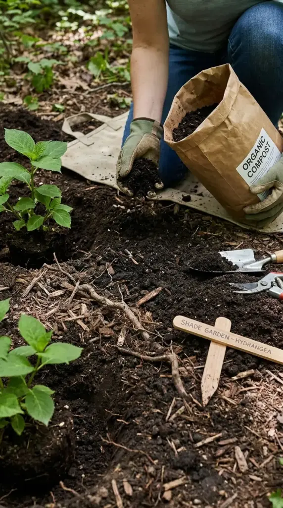Preparing well-draining soil with compost for hydrangeas in deep shade and tree root competition