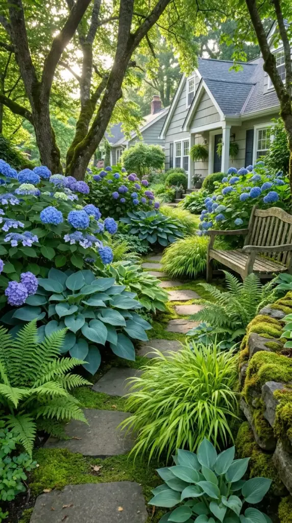 Blue hydrangea shade garden with hostas and ferns in a part shade front yard