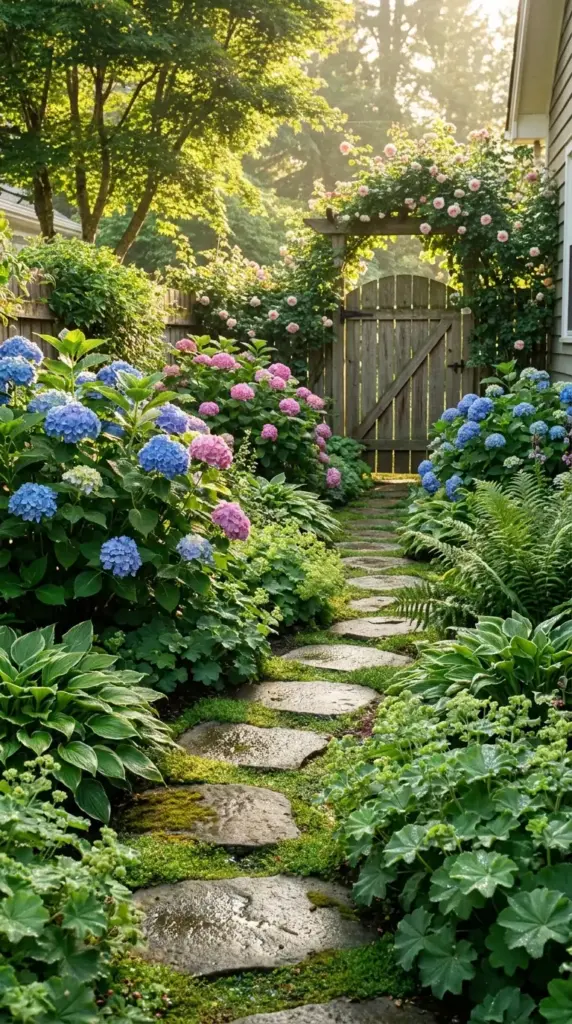blue and pink hydrangea cottage-style landscaping for a narrow side yard path