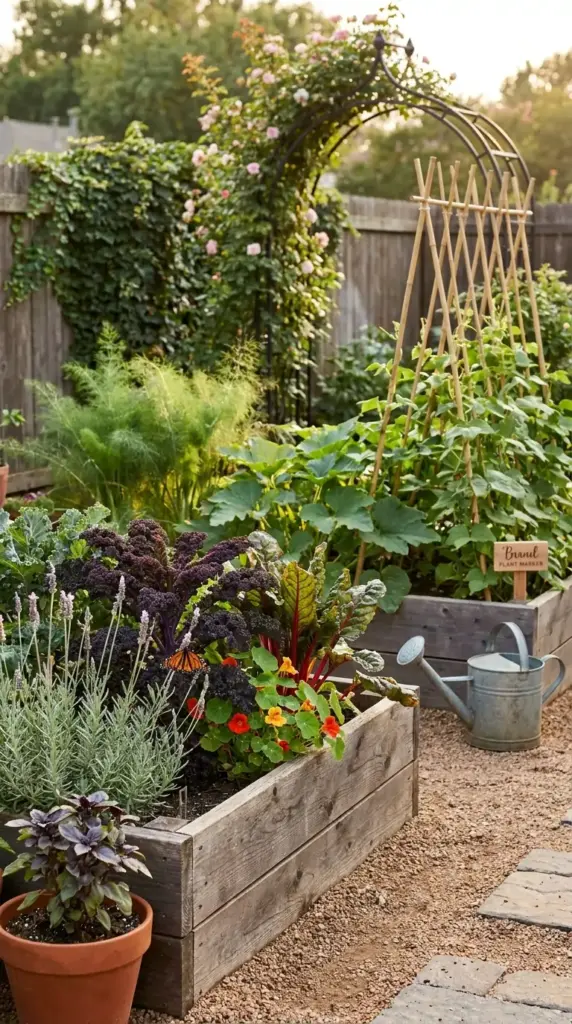 An aesthetic mini farm in less than half an acre featuring raised garden beds with kale and herbs, vertical bamboo trellises, and a flowering rose archway.