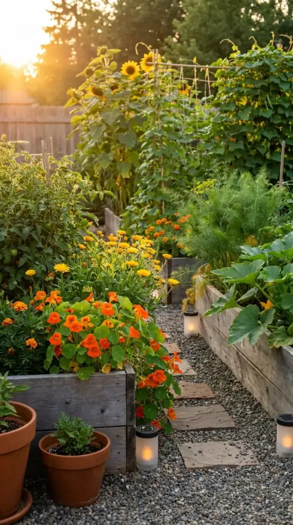 A lush mini farm on poor or clay soil featuring raised garden beds with sunflowers, tomatoes, and nasturtiums along a gravel path at sunset.