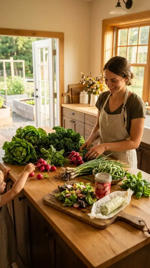 A woman and child preparing a fresh harvest from their mini farm with fast-growing veggies, including radishes, kale, and lettuce, on a kitchen island.