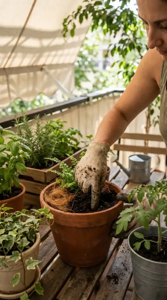 A woman planting herbs and vegetables in terracotta pots on a shaded balcony, demonstrating how to manage a mini farm with limited sunlight in an urban setting.