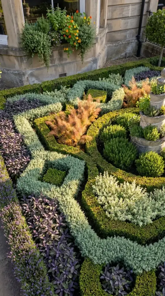 A sophisticated mini farm for HOA neighborhoods designed as a formal knot garden with edible herbs like sage and rosemary in a geometric landscape.