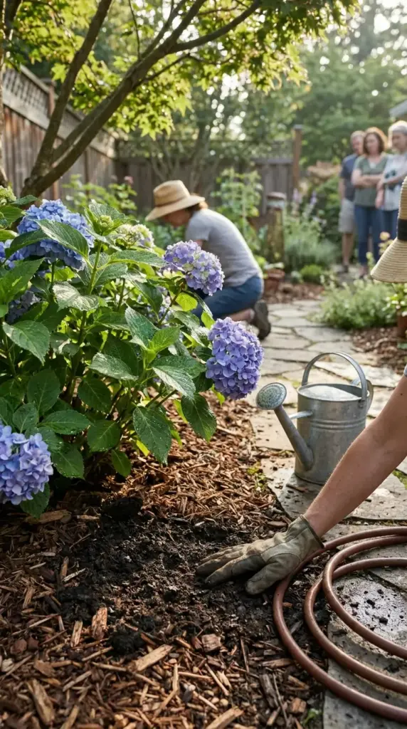 Bigleaf hydrangea care showing part shade, moist well-drained soil, and consistent watering needs