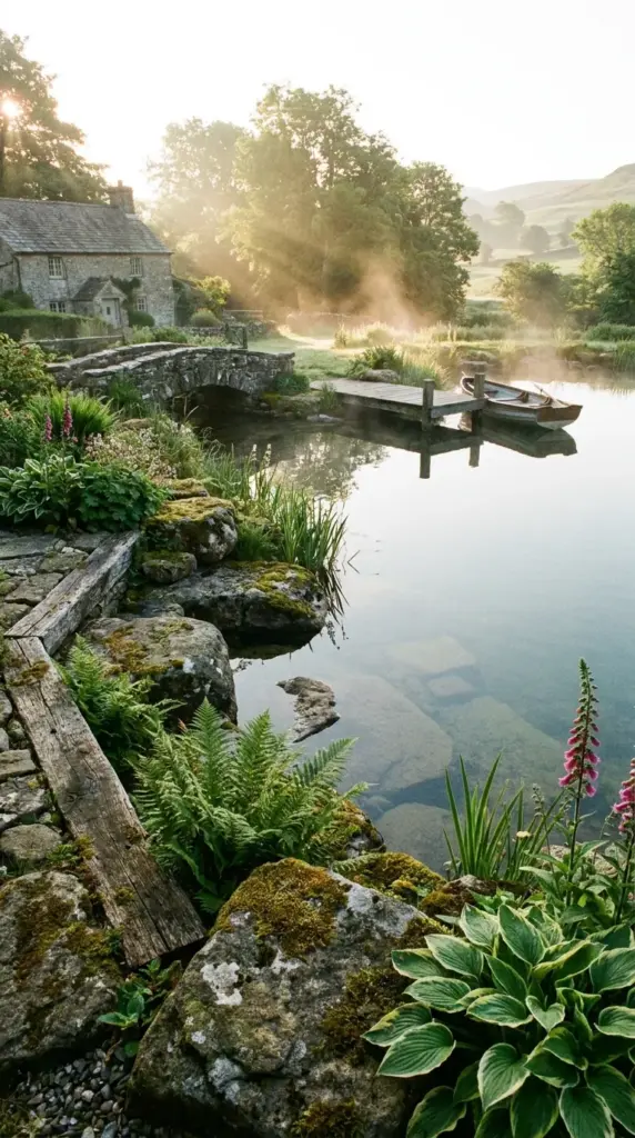 Rustic stone swimming pond with natural boulders, woodland plants, and old-world backyard charm