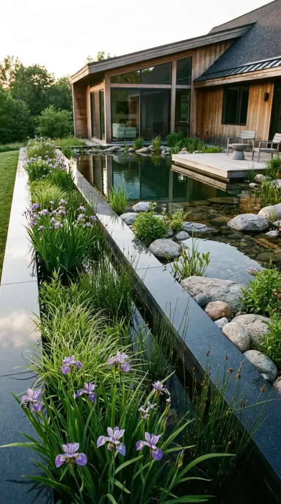 Constructed wetland side channel for natural pool filtration with wetland plants and clean water flow