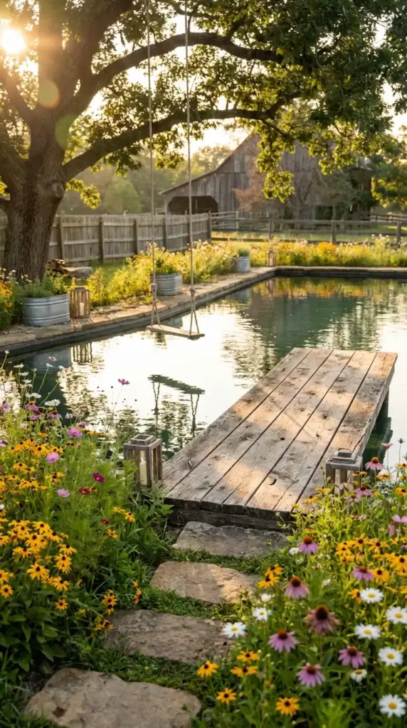 Rustic farmhouse natural pool ideas featuring a wooden dock, tree swing, and wildflower garden with a vintage barn in the background.