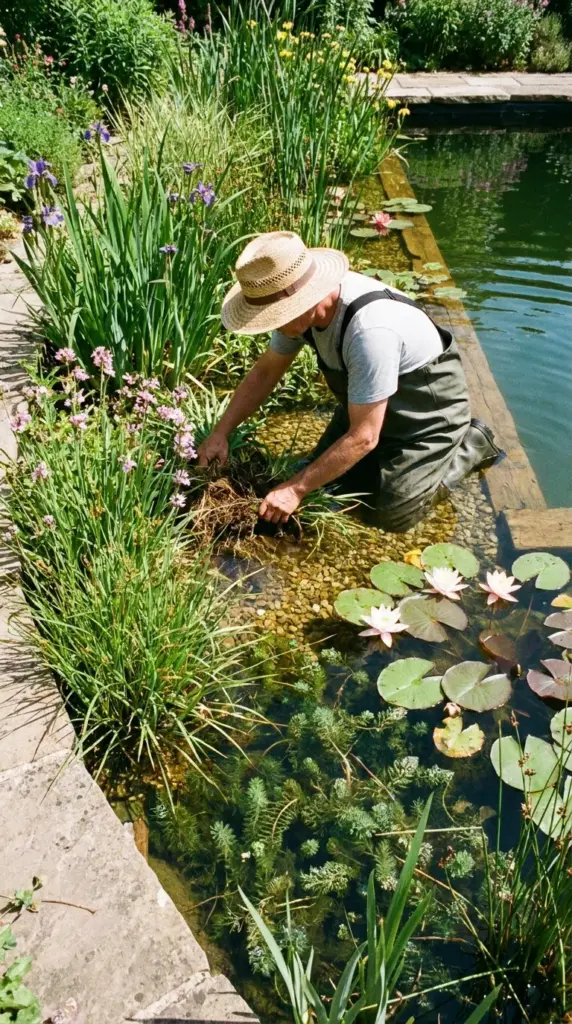Healthy natural pool plant filter with aquatic plants restoring biological filtration and water clarity