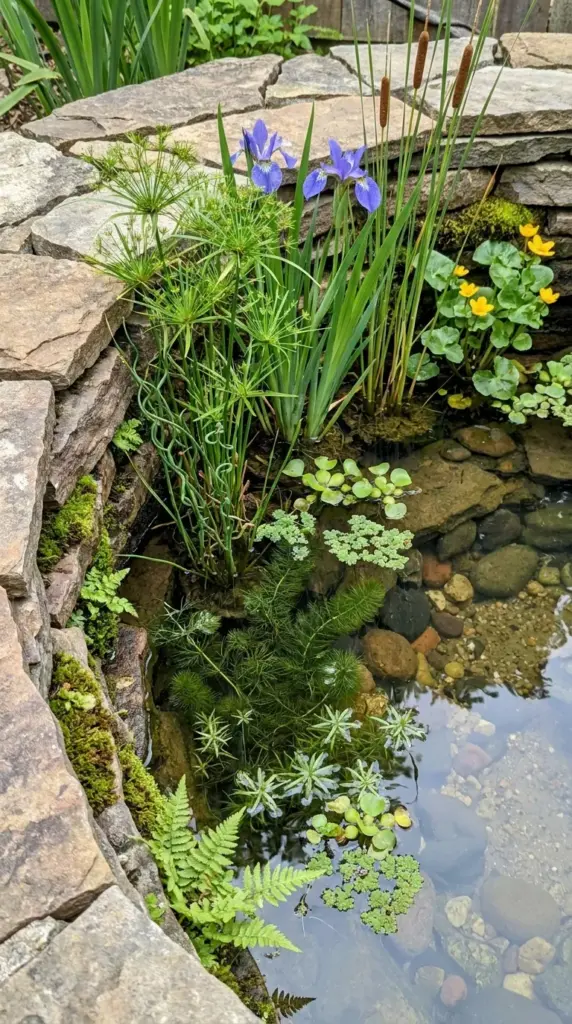 Small-scale aquatic plants for natural pools including marginal plants and oxygenating plants for clean water