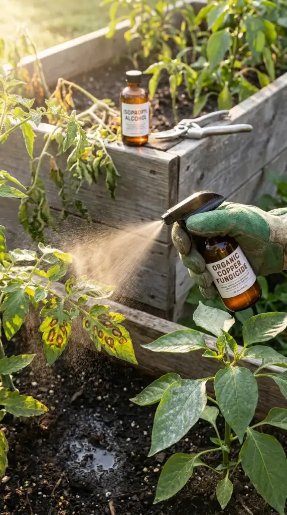 Expert garden help for plant diseases showing a gardener spraying organic copper fungicide on spotted tomato leaves in a raised bed.