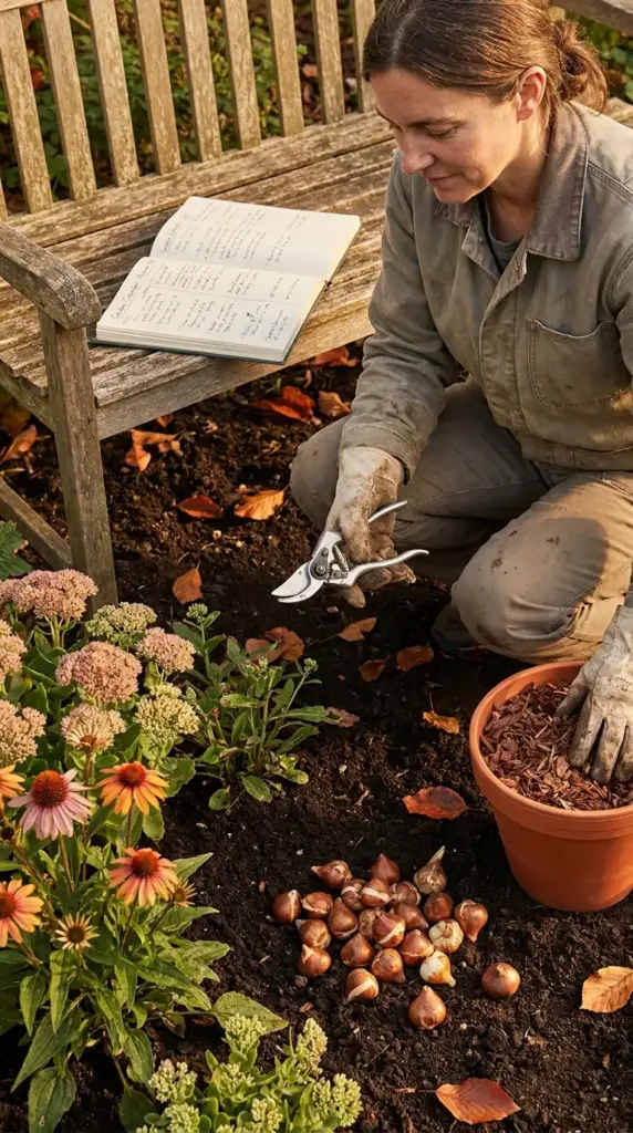 Seasonal garden help for beginners showing a woman pruning perennials and preparing to plant flower bulbs with a gardening journal nearby.