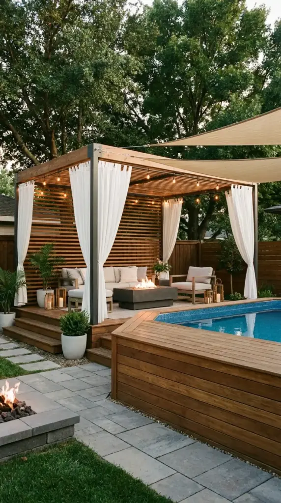 Pergola and shade structure ideas for a modern above ground pool resort-style backyard