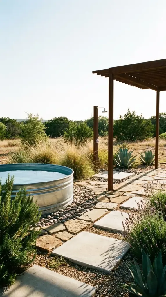 Stock tank pool surrounded by river rock, pavers, and drought-tolerant plants for easy backyard landscaping