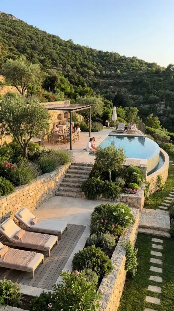 Terraced backyard pool retreat with above ground pool, layered patios, and slope-friendly landscaping