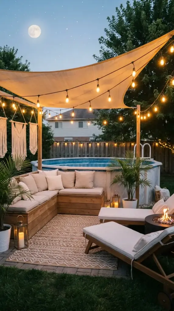 Luxe above ground pool decor with shade sail, string lights, and outdoor rug in a small backyard