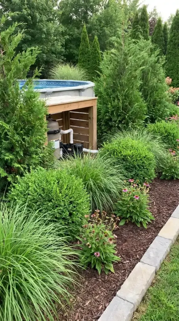 Ornamental grasses and evergreen shrubs screening above ground pool pump equipment