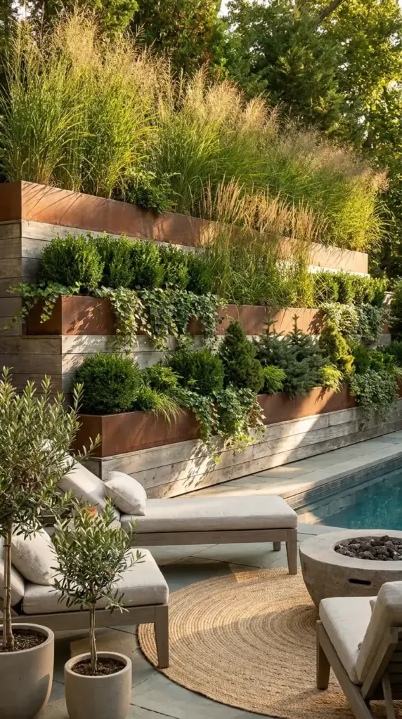 Tall planter wall privacy screen hiding above ground pool equipment