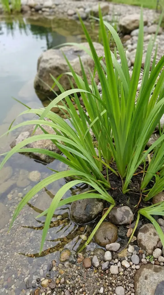 Sweet flag planted near a natural pool edge for texture, stability, and low-maintenance filtration