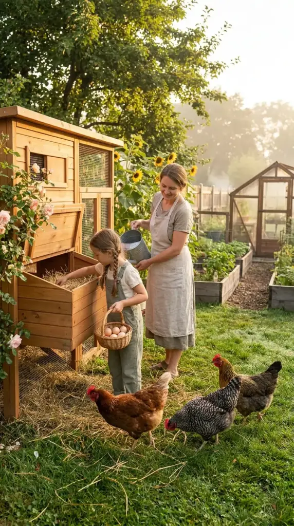 A mother and daughter gathering fresh eggs and watering plants at their backyard mini farm with chickens during a sunny morning.