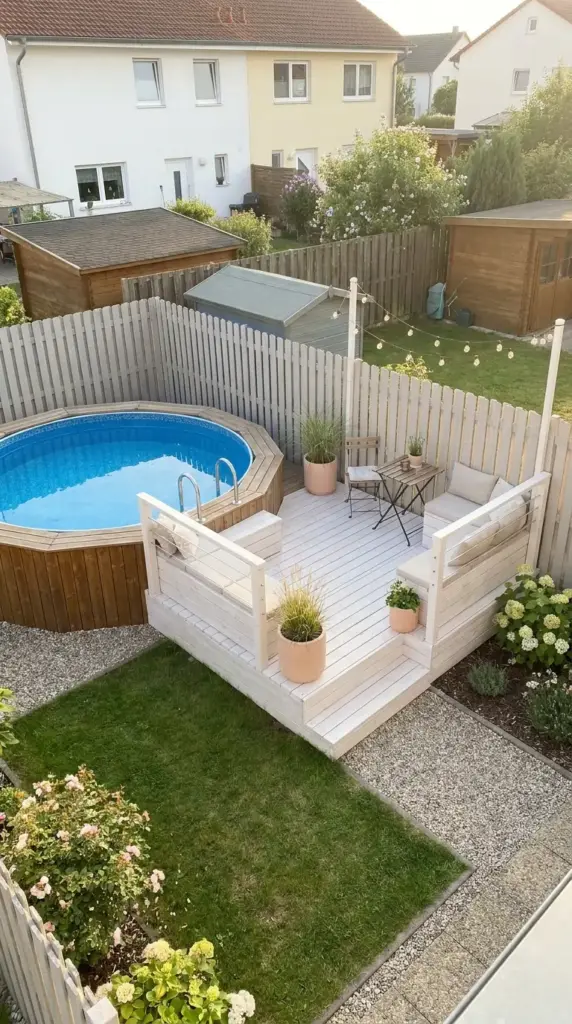 Small-space above ground pool corner deck with white wash wood and compact coastal backyard design