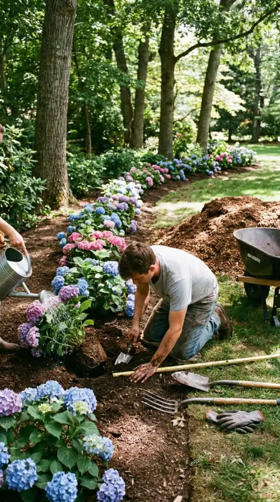 Planting a hydrangea hedge in shade with proper spacing, watering, and mulch