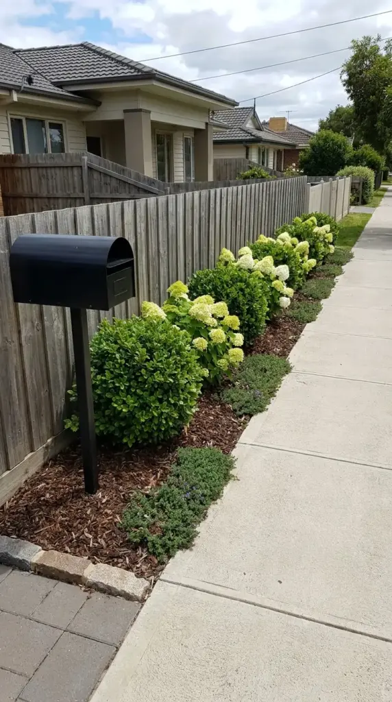 Mailbox and fence-line hydrangea strip with compact shrubs for a narrow front yard