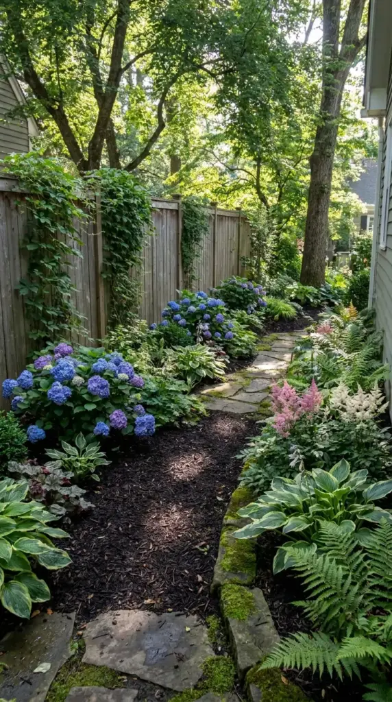 shade-loving narrow side yard with hydrangeas ferns hostas and astilbe