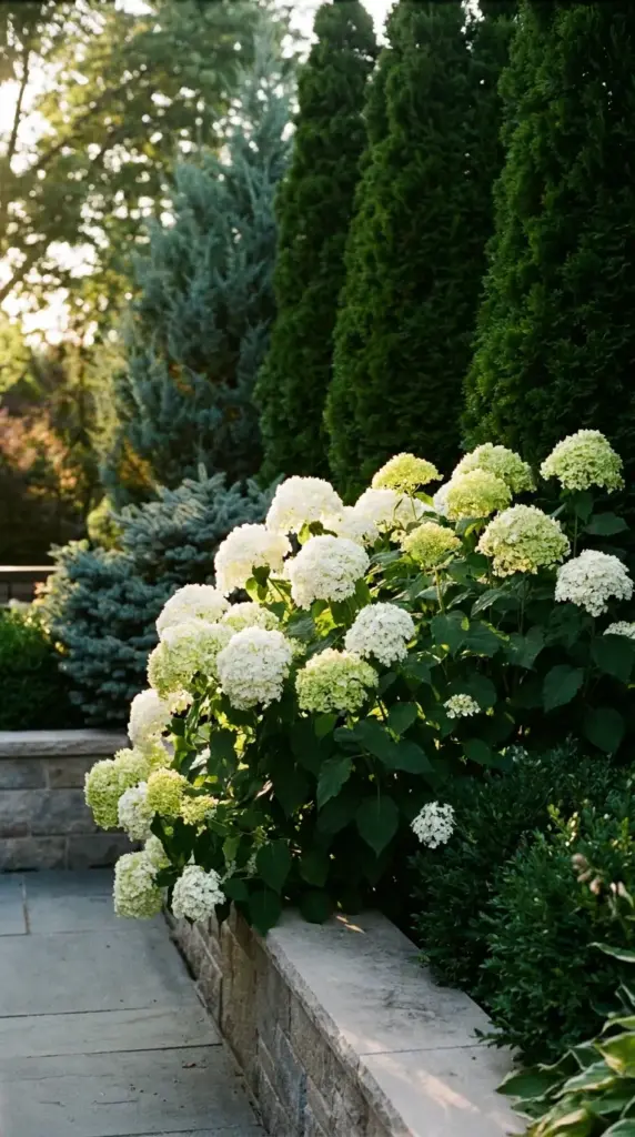 White hydrangeas layered with dark green evergreens for bold color contrast and curb appeal